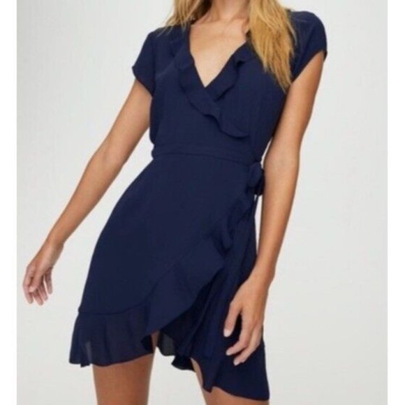 Aritzia Dresses & Skirts - Aritzia Sunday Best Sz 6 Navy Blue Ruffle Wrap Mini V-neck Cap Sleeve